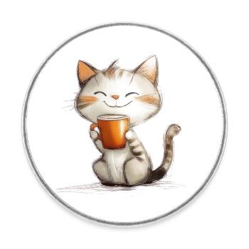 Chat heureux avec du café - Magnet rond - blanc - Devant