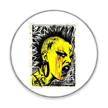 Femme punk sauvage avec mohawk et colère sur timbre-poste - Magnet rond - blanc - Devant
