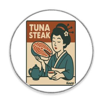 Geisha with Tuna Steak Retro Japan Style - Round  fridge magnet - white - Front