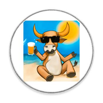Bull with sunglasses and beer on the golden beach - Round  fridge magnet - white - Front