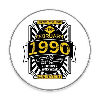 1990 FEBRUARY - Round  fridge magnet - white - Front