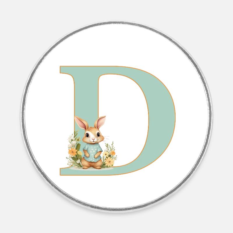 Bogstav D, monogram, blomster, kanin - Rund køleskabsmagnet - hvid