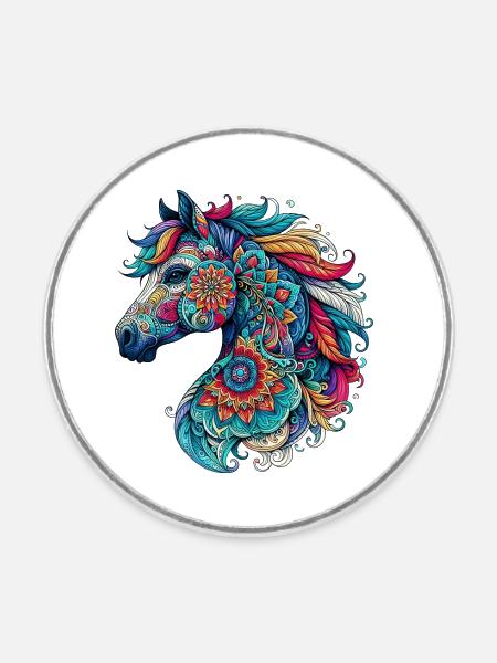 Pferd mit Mandalas verziert - Runder Kühlschrankmagnet - Weiß