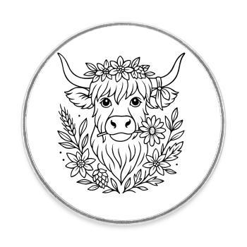 Highland Cow with Flowers - Volksfest Design - Round  fridge magnet - white - Front