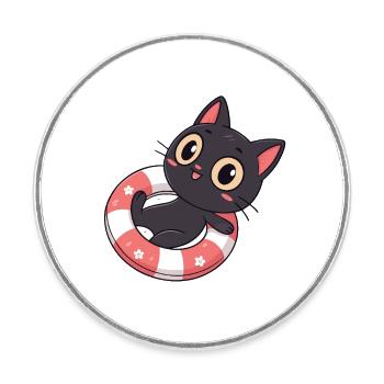 Chat noir sur bouée fleurs - Magnet rond - blanc - Devant