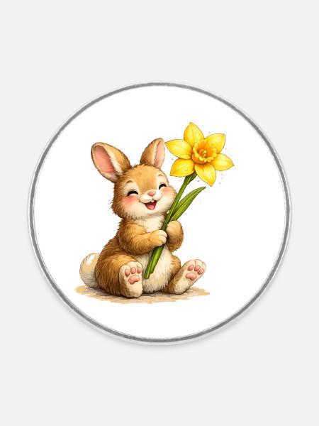 Hase mit gelber Frühlingsblume  - Runder Kühlschrankmagnet - Weiß