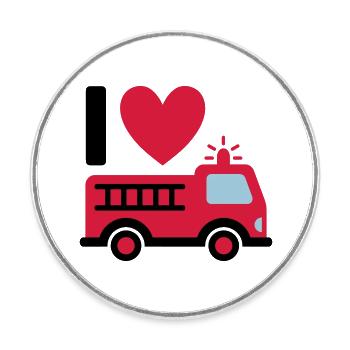 I love firefighters (Feuerwehrauto mit Leiter) - Runder Kühlschrankmagnet - Weiß - Vorne
