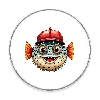 Drôle de poisson-globe avec casquette de baseball rouge - Magnet rond - blanc - Devant