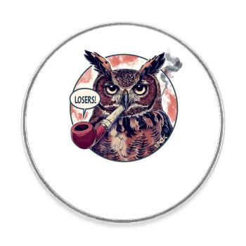 Un hibou avec une pipe à tabac dit « perdant » - Magnet rond - blanc - Devant