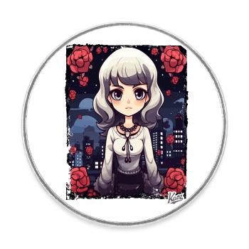 Chibi-Schönheit: Cartoon-Mädchen mit Blumen - Runder Kühlschrankmagnet - Weiß - Vorne