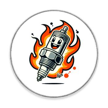 Cheerful spark plug on fire - Round  fridge magnet - white - Front