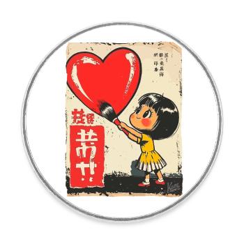 Petite fille peignant coeur sur le mur - Magnet rond - blanc - Devant