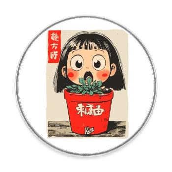 Cartoon Mädchen hinter einem Blumentopf - Runder Kühlschrankmagnet - Weiß - Vorne