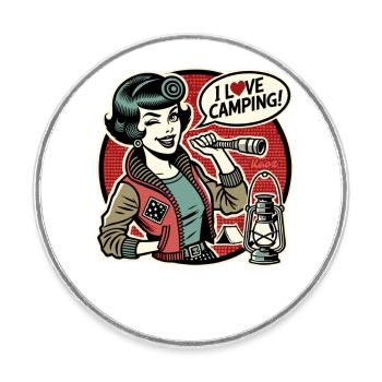 Retro Nature Mom – I Love Camping - Round  fridge magnet - white - Front
