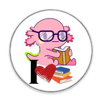 Axolotl Book Love - Cute Cartoon Axo with Glasses - Round  fridge magnet - white - Front