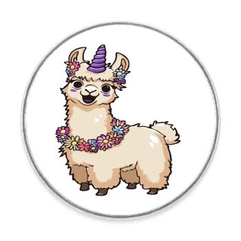 Lama Einhorn mit Blumen – Fantasy Animal Art - Runder Kühlschrankmagnet - Weiß - Vorne