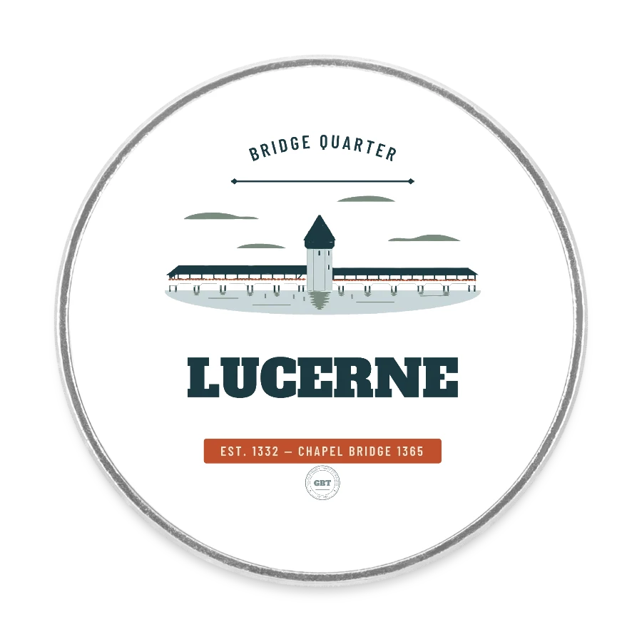 Lucerne badge on a round  fridge magnet, white