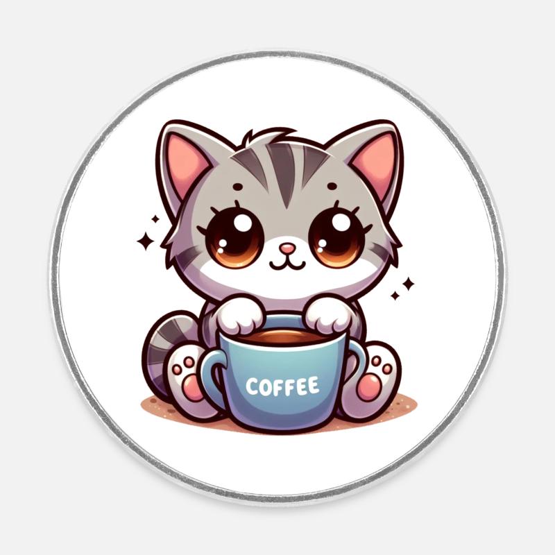 Chat avec tasse à café 4 - Magnet rond - blanc