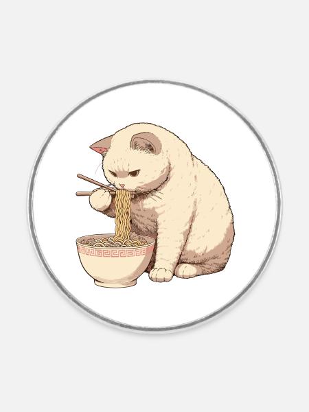 Katze isst Ramen Nudeln - Runder Kühlschrankmagnet - Weiß