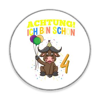 Achtung Ich Bin Schon 4 Geburtstag Büffel Bison - Runder Kühlschrankmagnet - Weiß - Vorne