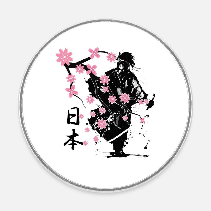 samouraï guerrier sakura fleur style - Magnet rond - blanc