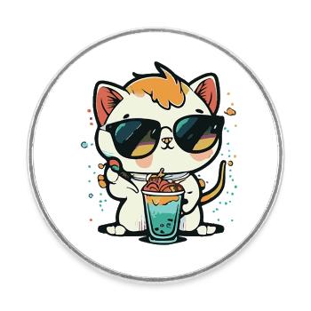 Cat Love: plage et cocktail - Magnet rond - blanc - Devant