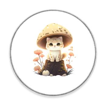 Cottagecore esthétique chat dans les bois avec chapeau champignon - Magnet rond - blanc - Devant