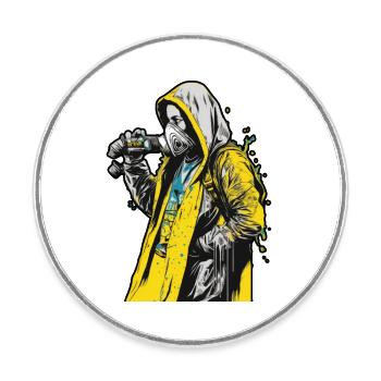 Hood woman wearing a face mask with a yellow - Magnet rond - blanc - Devant