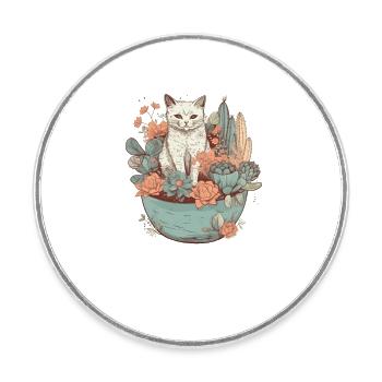 Chat dessiné dans un pot de fleurs - Magnet rond - blanc - Devant