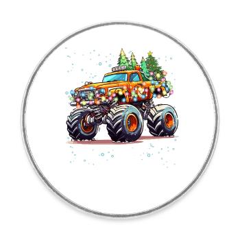 Mosnter Truck, Christmas Lights and Christmas Tree - Round  fridge magnet - white - Front