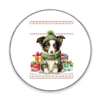Border Collie Hund Feliz Navidog - Feliz Navidad Ch - Runder Kühlschrankmagnet - Weiß - Vorne
