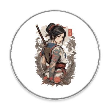 Japanische Samurai-Ninja-Frau - Runder Kühlschrankmagnet - Weiß - Vorne