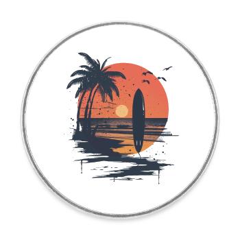 Surfboard sunset and palm trees - Round  fridge magnet - white - Front
