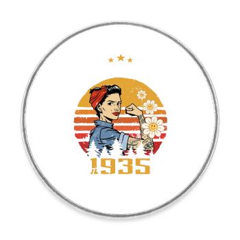 89 years old - Born in February 1935 - Round  fridge magnet - white - Front