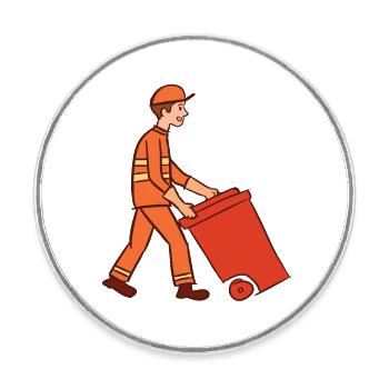 Éboueur et poubelle. Nettoyeur de rues. Collecte des ordures. - Magnet rond - blanc - Devant