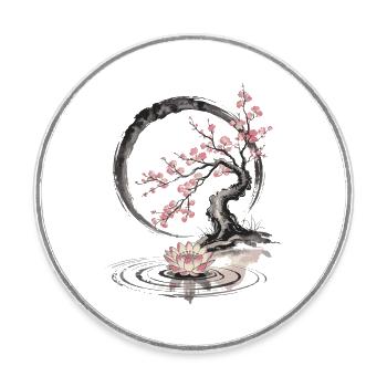 Bonsaï Zen avec Lotus et Fleur de Cerisier - Magnet rond - blanc - Devant