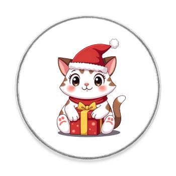 Chat mignon Noël avec cadeau - Magnet rond - blanc - Devant