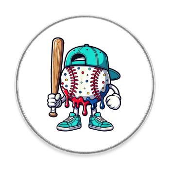Schmelzendes Baseball-Maskottchen mit Schläger - Runder Kühlschrankmagnet - Weiß - Vorne