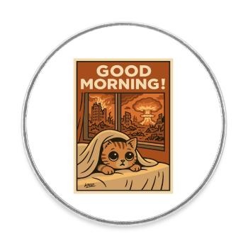 Good Morning: Apocalyptic Kitten - Round  fridge magnet - white - Front