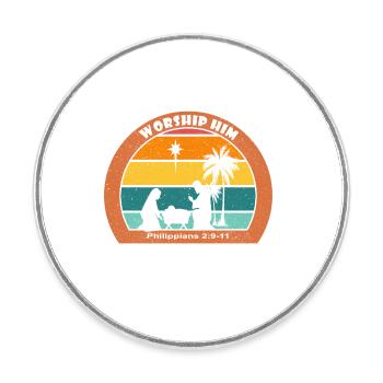 Christmas Nativity with Jesus - Worship Him - Round  fridge magnet - white - Front