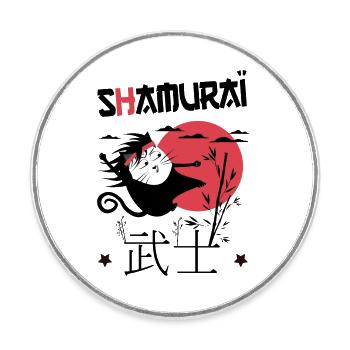 Shamuraï Cat Fighter, Drôle de Chat Noir Samuraï - Magnet rond - blanc - Devant