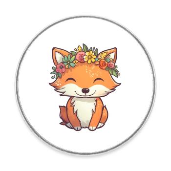 Kleiner Fuchs mit Blumenkrone - Runder Kühlschrankmagnet - Weiß - Vorne