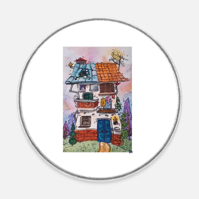 Aquarelle - Maison - Magnet rond - blanc