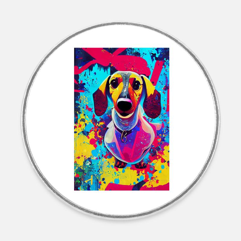 Modernes Pop-Art Print | Dackel mit Graffiti Bunt - Runder Kühlschrankmagnet - Weiß