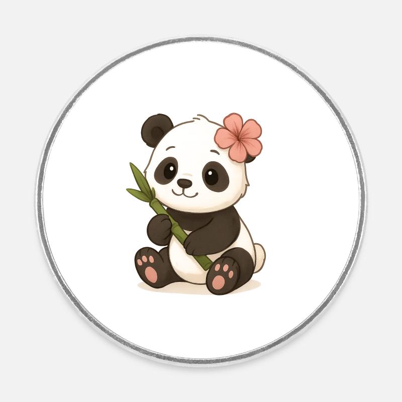 Mignon panda ours avec feuille d’hibiscus - Magnet rond - blanc