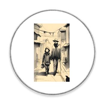 Croquis à l’encre de rue père et fille - Magnet rond - blanc - Devant