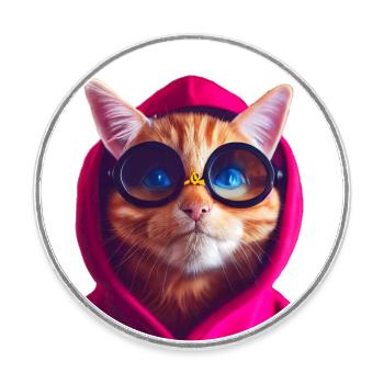 Ginger Cute Cat in farbigem Hoodie mit Brille - Runder Kühlschrankmagnet - Weiß - Vorne