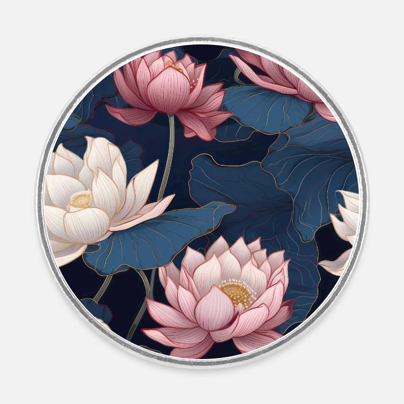 Serenity Blooms: Timeless Lotus Flower Pattern - Round  fridge magnet - white