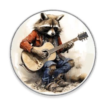 Raccoon playing guitar 3 - Round  fridge magnet - white - Front