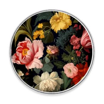 Dutch Nocturne: Luminous Floral Pastoral on black - Round  fridge magnet - white - Front
